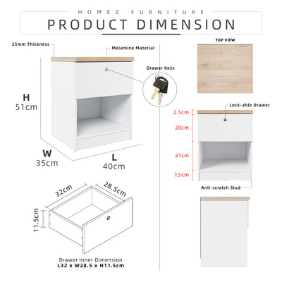 Alona Series Melamine Side Table Lockable Drawer with Open Storage - M7995
