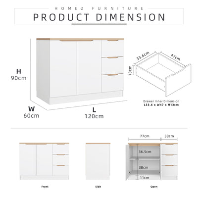 (EM) 4FT Sinowa Series Full Melamine 2 Door 3 Drawer Kitchen Cabinet Base Unit 120 x 60cm Top / Kitchen Storage - HMZ-KBC-M9615-LH+WT-SBH