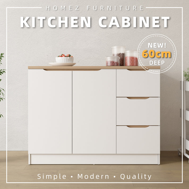 (EM) 4FT Sinowa Series Full Melamine 2 Door 3 Drawer Kitchen Cabinet Base Unit 120 x 60cm Top / Kitchen Storage - HMZ-KBC-M9615-LH+WT-SBH