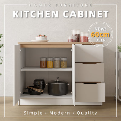 (EM) 4FT Sinowa Series Full Melamine 2 Door 3 Drawer Kitchen Cabinet Base Unit 120 x 60cm Top / Kitchen Storage - HMZ-KBC-M9615-LH+WT-SBH