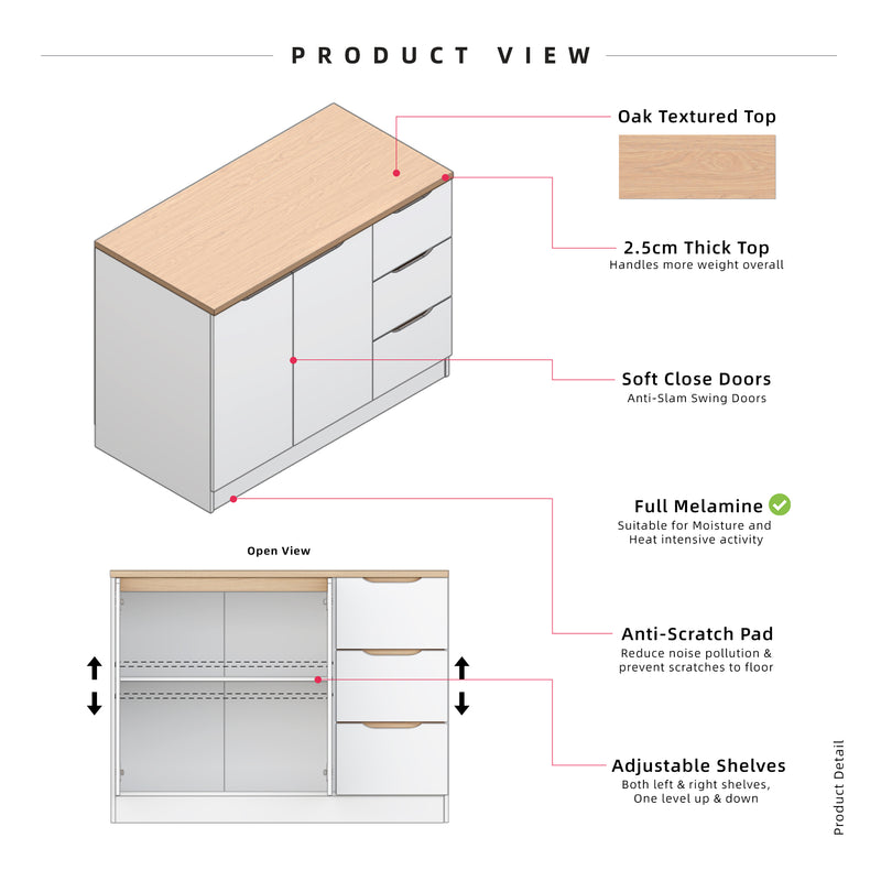 (EM) 4FT Sinowa Series Full Melamine 2 Door 3 Drawer Kitchen Cabinet Base Unit 120 x 60cm Top / Kitchen Storage - HMZ-KBC-M9615-LH+WT-SBH