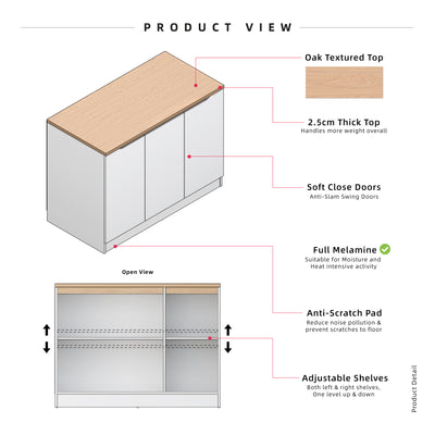 (FREE Shipping) 4FT Sinowa Series Full Melamine 3 Door Kitchen Cabinet Base Unit 120 x 60cm Top / Kitchen Storage - HMZ-KBC-M9695-LH+WT