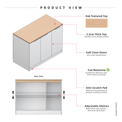 (EM) 4FT Sinowa Series Full Melamine 3 Door Kitchen Cabinet Base Unit 120 x 60cm Top / Kitchen Storage - HMZ-KBC-M9695-LH+WT