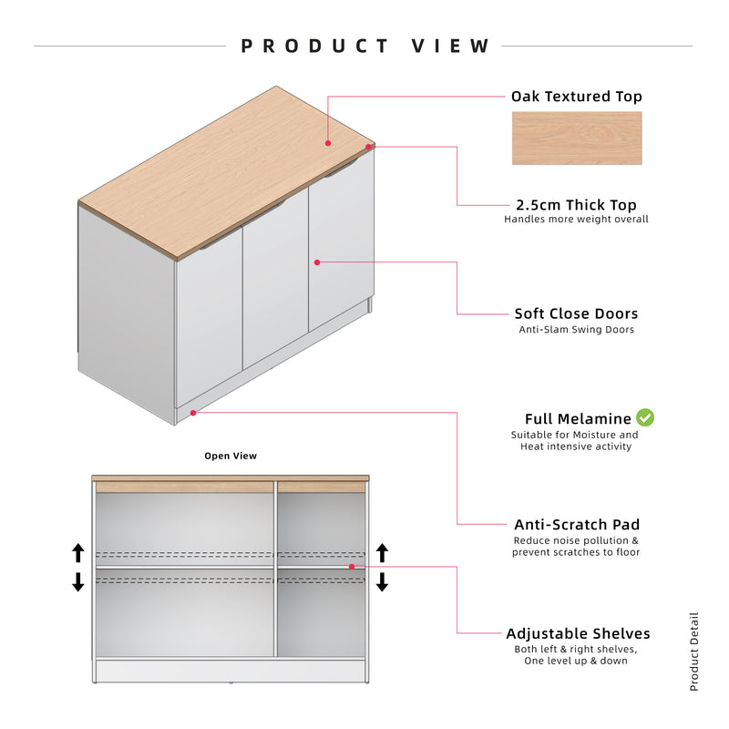 (FREE Shipping) 4FT Sinowa Series Full Melamine 3 Door Kitchen Cabinet Base Unit 120 x 60cm Top / Kitchen Storage - HMZ-KBC-M9695-LH+WT