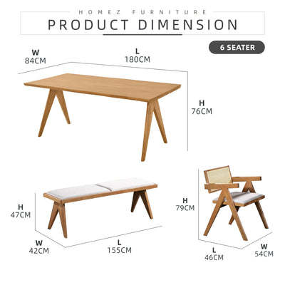 [FREE Shipping & FREE Installation] 6 Seater Solid Rubberwood with Rattan Dining Set Oak Walnut Scandinavian Rustic - MANCHESTER/WESTHAM/FULLHAM