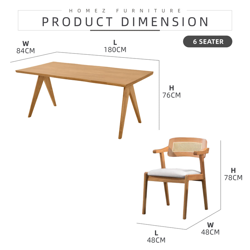 [FREE Shipping & FREE Installation] 6 Seater Solid Rubberwood with Rattan Dining Set Oak Walnut Scandinavian Rustic - MANCHESTER/WESTHAM/FULLHAM