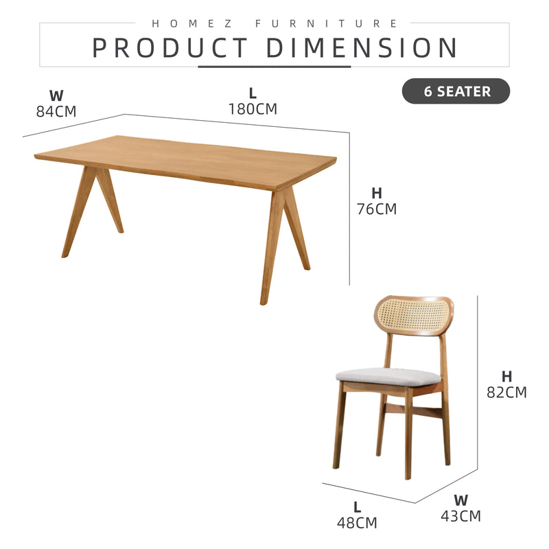 [FREE Shipping & FREE Installation] 6 Seater Solid Rubberwood with Rattan Dining Set Oak Walnut Scandinavian Rustic - MANCHESTER/WESTHAM/FULLHAM