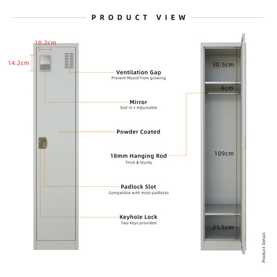 1.3FT Metal Storage Cabinet Locker with Lock 3 Compartments 1 Hanging Rod and Mirror-MC-6336