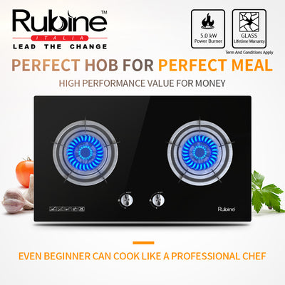 Rubine Slanted Hood ASPIRA-90SS + Built-in Hob Gas Stove Hob Tempered Glass 2 Burner - RCH-ASPIRA-90SS