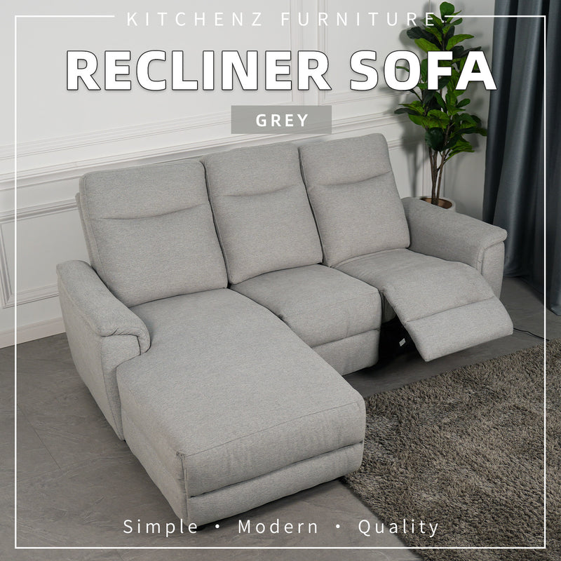 (FREE SHIPPING) 6.5FT 3 Seater Power Recliner Linen Fabric Sofa Electrical Recliner Sofa Bed / Cream / Grey - HMZ-FN-SF-50763