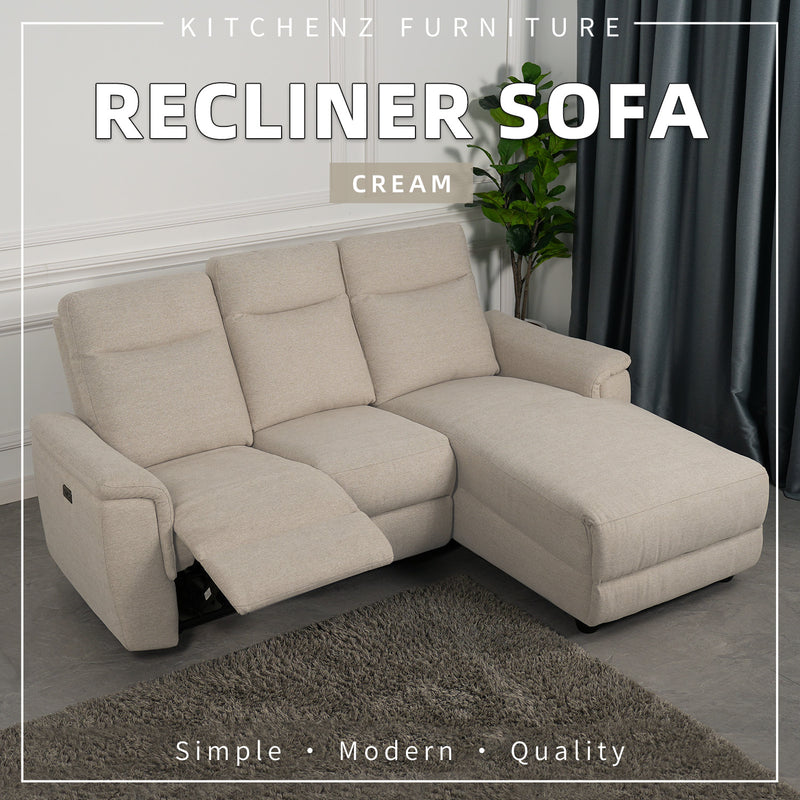 (FREE SHIPPING) 6.5FT 3 Seater Power Recliner Linen Fabric Sofa Electrical Recliner Sofa Bed / Cream / Grey - HMZ-FN-SF-50763