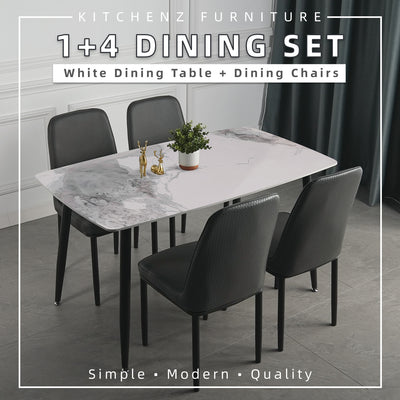 (FREE Shipping & FREE Installation) 4 People Seater Dining Set with 1 Porcelain (Ceramic)Table 4 Metal Leg Chairs - Dining Set (1+4)