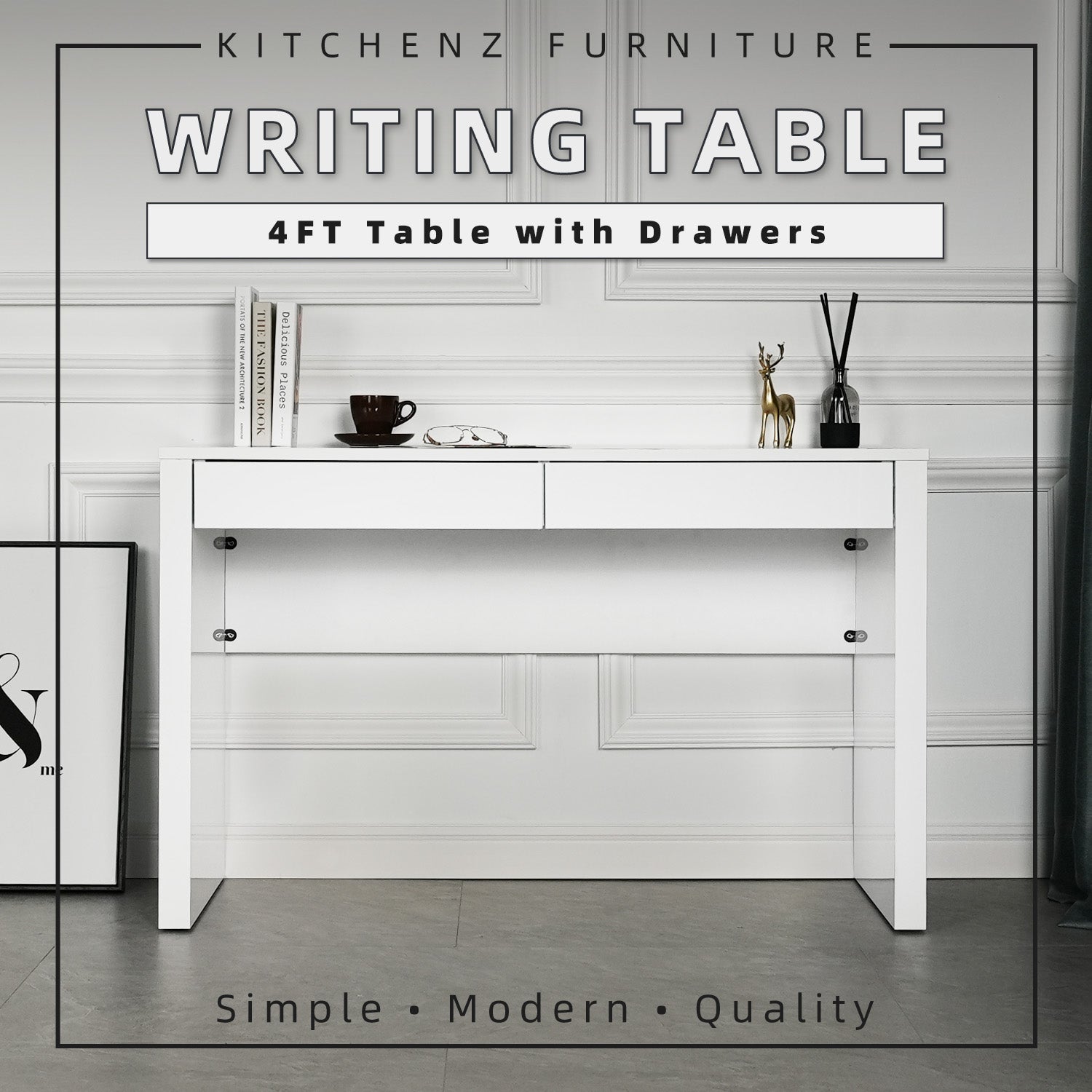 Writing Drawer Table (EM) 4FT Writing Table with Drawers / Office Table / Meja Belajar / Me ...