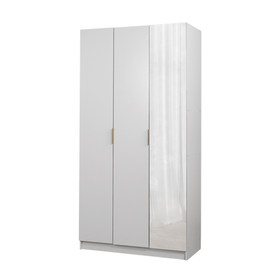 3FT Luca Series 3 Door Wardrobe with Mirror Gold Handle 6 Compartment Shelves & Hanging Rod Almari Baju Pintu Cermin - HMZ-FN-WD-6941-WT+GD