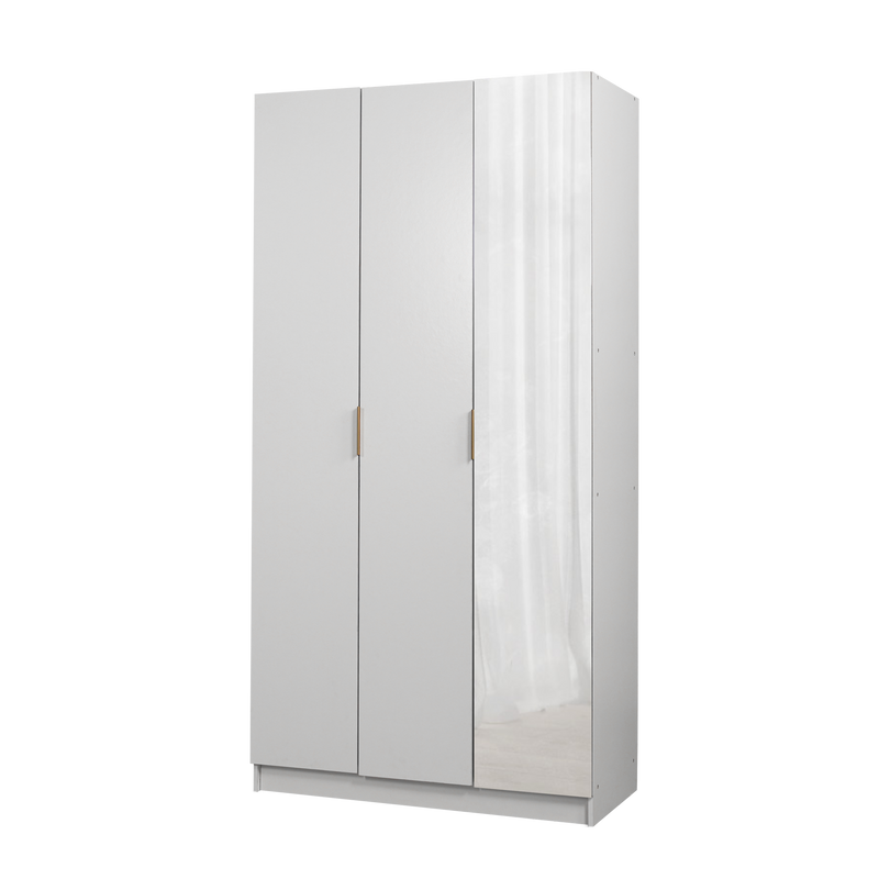 3FT Luca Series 3 Door Wardrobe with Mirror Gold Handle 6 Compartment Shelves & Hanging Rod Almari Baju Pintu Cermin - HMZ-FN-WD-6941-WT+GD