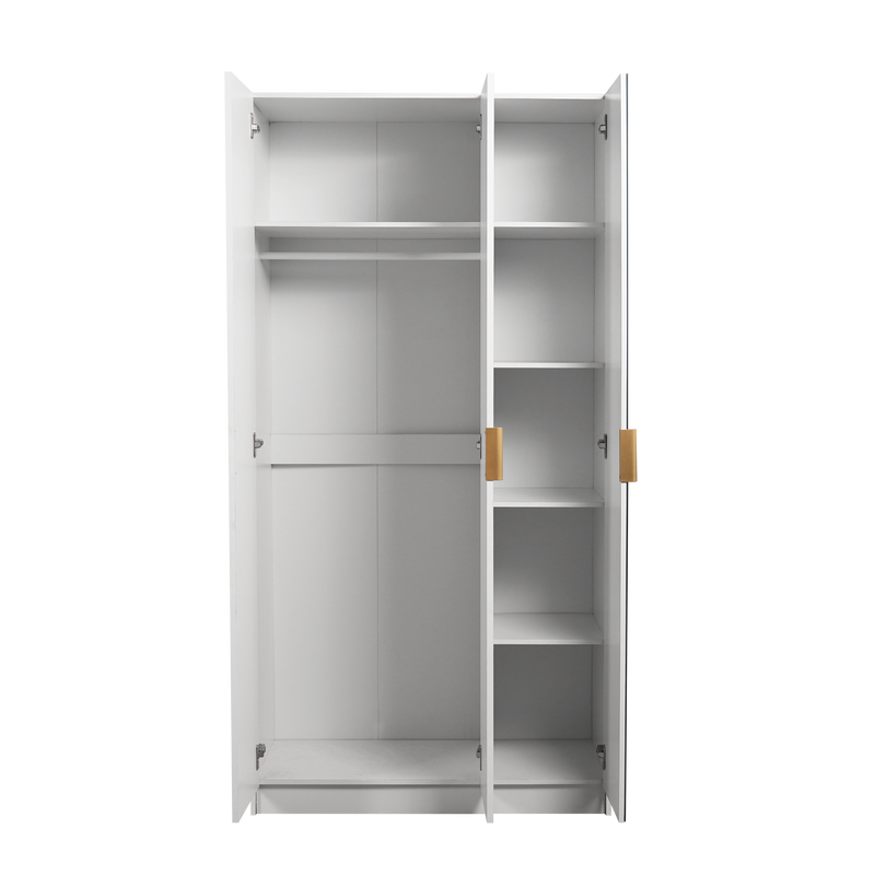 3FT Luca Series 3 Door Wardrobe with Mirror Gold Handle 6 Compartment Shelves & Hanging Rod Almari Baju Pintu Cermin - HMZ-FN-WD-6941-WT+GD