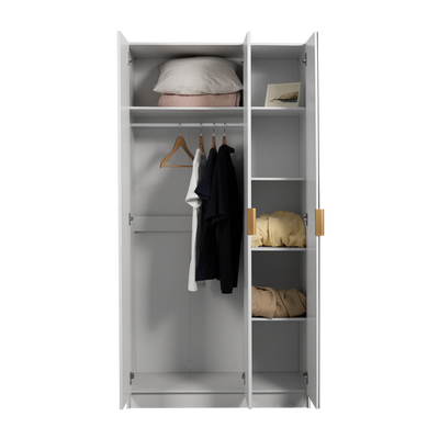 3FT Luca Series 3 Door Wardrobe with Mirror Gold Handle 6 Compartment Shelves & Hanging Rod Almari Baju Pintu Cermin - HMZ-FN-WD-6941-WT+GD