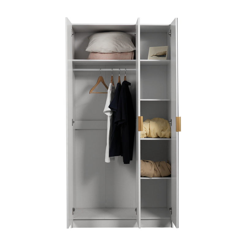 3FT Luca Series 3 Door Wardrobe with Mirror Gold Handle 6 Compartment Shelves & Hanging Rod Almari Baju Pintu Cermin - HMZ-FN-WD-6941-WT+GD