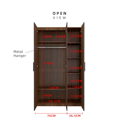 192cm High 3 Door Wardrobe With Matte Black Plastic Handle / Almari Baju / Almari Pakaian-HMZ-FN-WD-6018