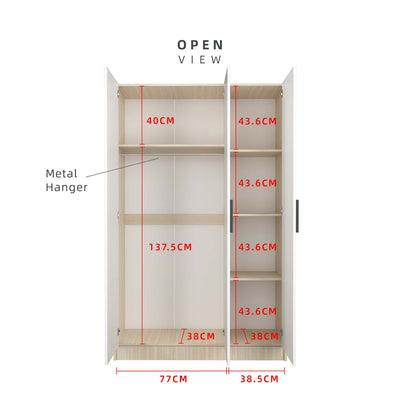 192cm High 3 Door Wardrobe With Matte Black Plastic Handle / Almari Baju / Almari Pakaian-HMZ-FN-WD-6418