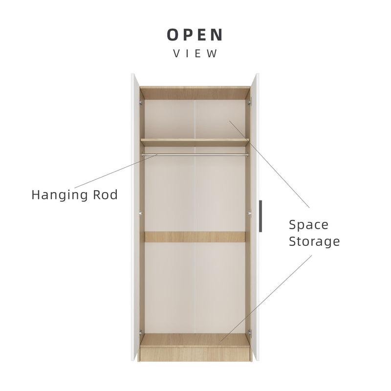 (EM)Jordan Series 192cm Height 2 Door Wardrobe Soft Close Door With Matte Black PVC Handle and Hanging Rod / Almari Baju / Almari Pakaian-HMZ-FN-WD-6419