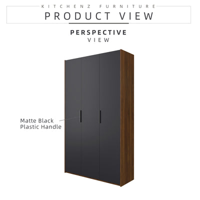 192cm High 3 Door Wardrobe With Matte Black Plastic Handle / Almari Baju / Almari Pakaian-HMZ-FN-WD-6018