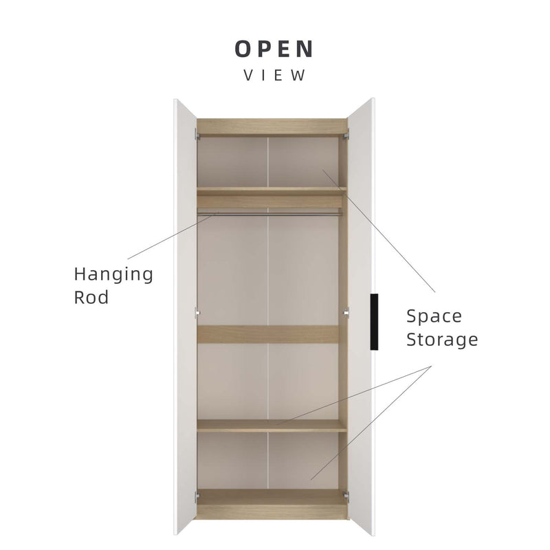 (EM) 200cm High 2 Door Wardrobe With Matte Black Handle and Hanging Rod / Almari Baju / Almari Pakaian-HMZ-FN-WD-6009