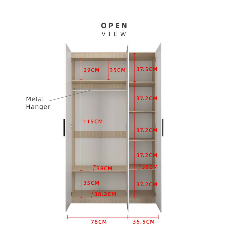 192cm High 3 Door Wardrobe With Matte Black Plastic Handle / Almari Baju / Almari Pakaian-HMZ-FN-WD-6018