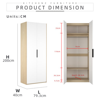 (EM) 192cm Height 2 Door Wardrobe With Matte Black Handle and Hanging Rod / Almari Baju / Almari Pakaian-HMZ-FN-WD-6419-SBH