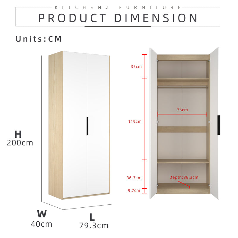 (EM) 192cm Height 2 Door Wardrobe With Matte Black Handle and Hanging Rod / Almari Baju / Almari Pakaian-HMZ-FN-WD-6419-SBH