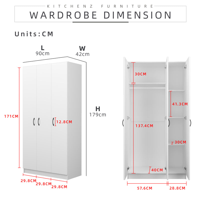 (EM) 3FT 3 Door Wardrobe Solid Board with 6 Shelves-HMZ-FN-WD-6001/6021