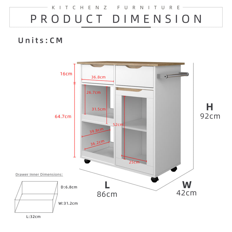 2.8FT Situra Series Kitchen Trolley with Castor Base Unit/ Kitchen Storage Cart with Wheels-HMZ-KBC-MFCS5208-WT