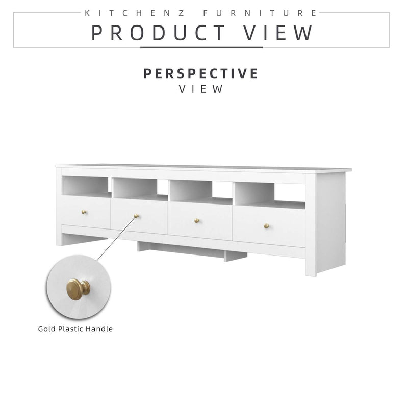 6FT TV Cabinet 4 Shelves & 4 Drawers Multi Storage Media Furniture Kabinet White Gold Knob Handle - 5918-WT+GD