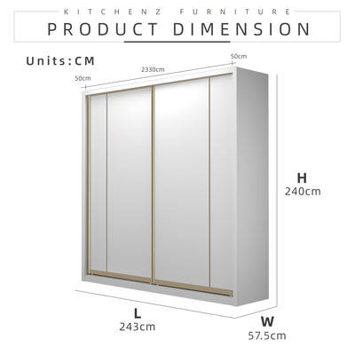 [FREE Shipping & FREE Installation] 8x8FT Full Melamine Gold Frame Anti Jump Sliding Wardrobe Almari Baju