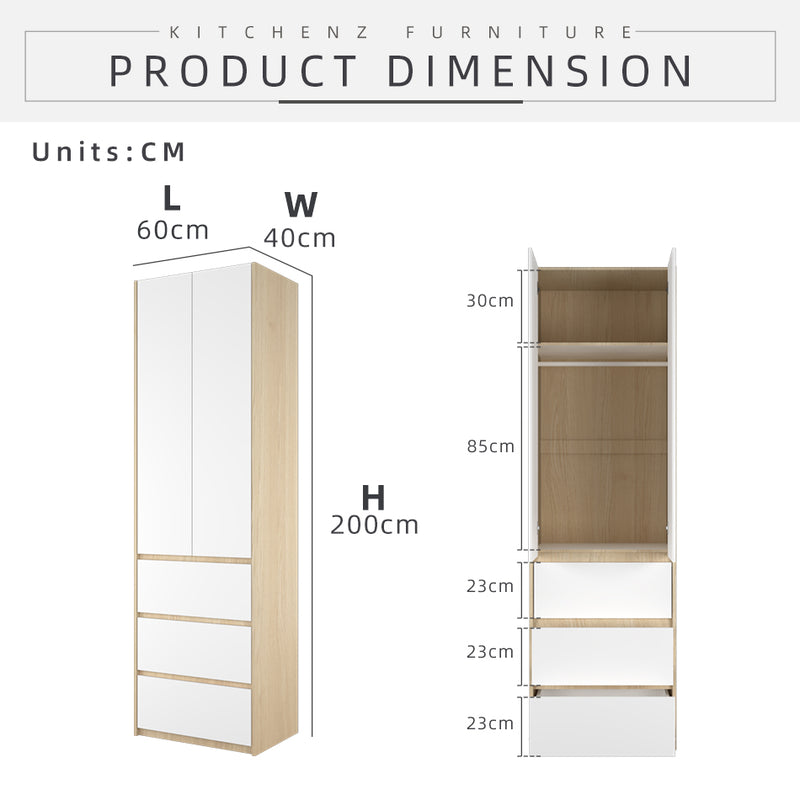 6FT Wardrobe 3 Drawers with Hanging Rod / Almari Pakaian 6 Kaki - WD-6417