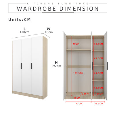 192cm High 3 Door Wardrobe With Matte Black Plastic Handle / Almari Baju / Almari Pakaian-HMZ-FN-WD-6418