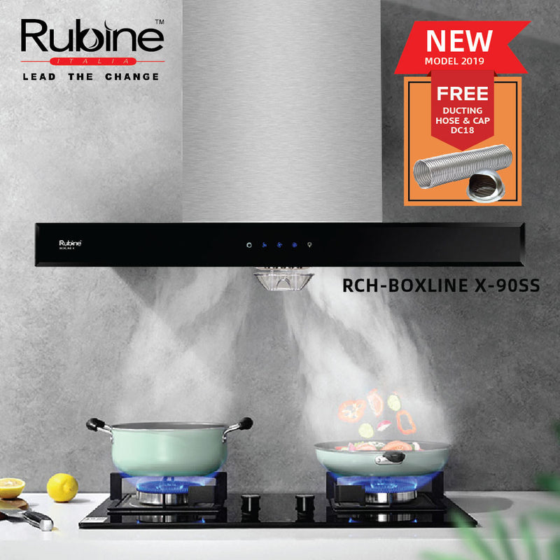 (FREE Shipping) Rubine ESSENTIAL SERIES 1400m³/hr T-Hood - RCH-BOXLINEX-90SS + 5.0Kw Built-in Hob - RGH-VISTA2B-BL + FREE Ducting Hose DC17