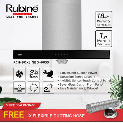 (FREE Shipping) Rubine ESSENTIAL SERIES 1400 m³/hr T-Hood Cooker - RCH-BOXLINE X-90SS + FREE Flexible Ducting Hose DC17