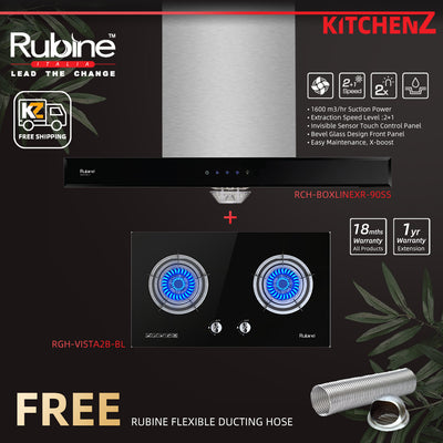 (FREE Shipping) Rubine ESSENTIAL SERIES 1600m³/hr T-Hood - RCH-BOXLINEXR-90SS + 5.0Kw Built-in Hob - RGH-VISTA2B-BL