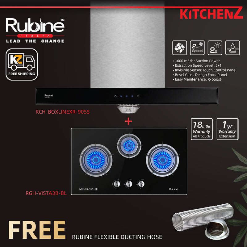 (FREE Shipping) Rubine ESSENTIAL SERIES 1600m³/hr T-Hood - RCH-BOXLINEX-90SS + 5.0Kw Built-in Hob - RGH-VISTA3B-BL