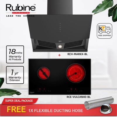 (FREE Shipping) Rubine Chimney Hood 1400m³/hr RCH-MARKX-BL + Built-in Hob RCE-VULCAN40-BL + FREE Ducting Hose DC18