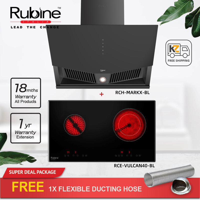 (FREE Shipping) Rubine Chimney Hood 1400m³/hr RCH-MARKX-BL + Built-in Hob RCE-VULCAN40-BL + FREE Ducting Hose DC18