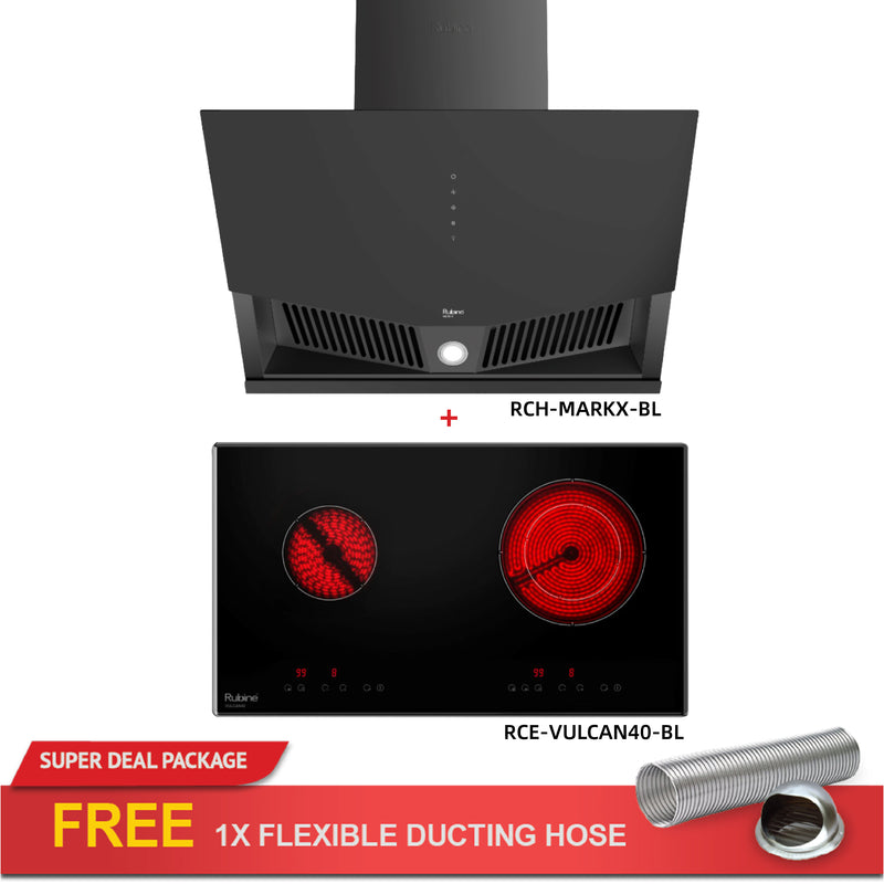 (FREE Shipping) Rubine Chimney Hood 1400m³/hr RCH-MARKX-BL + Built-in Hob RCE-VULCAN40-BL + FREE Ducting Hose DC18