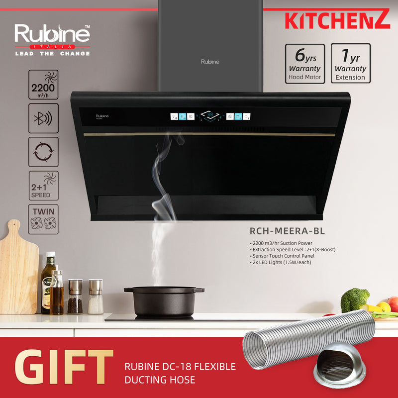 (FREE Shipping) Rubine Slanted Hood 2200 m³/hr Suction Power Stainless Steel RCH-MEERA-BL with Ducting Hose DC18