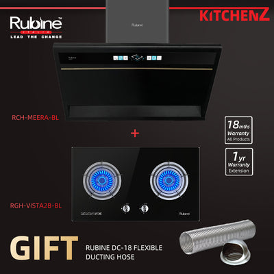 (FREE Shipping) Rubine Slanted Hood 2200 m³/hr Stainless Steel -RCH-MEERA-BL + Built-in Hob - RGH-VISTA2B-BL with Ducting Hose DC18