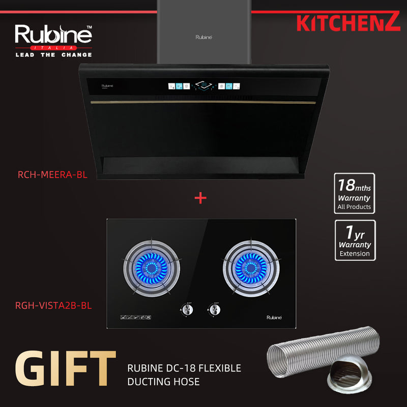 (FREE Shipping) Rubine Slanted Hood 2200 m³/hr Stainless Steel -RCH-MEERA-BL + Built-in Hob - RGH-VISTA2B-BL with Ducting Hose DC18