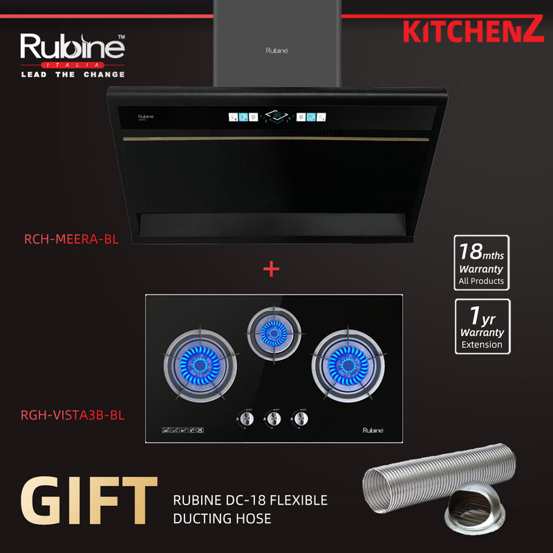 (FREE Shipping) Rubine Slanted Hood 2200 m³/hr Stainless Steel - RCH-MEERA-BL + Built-in Hob - RGH-VISTA3B-BL with Ducting Hose DC18