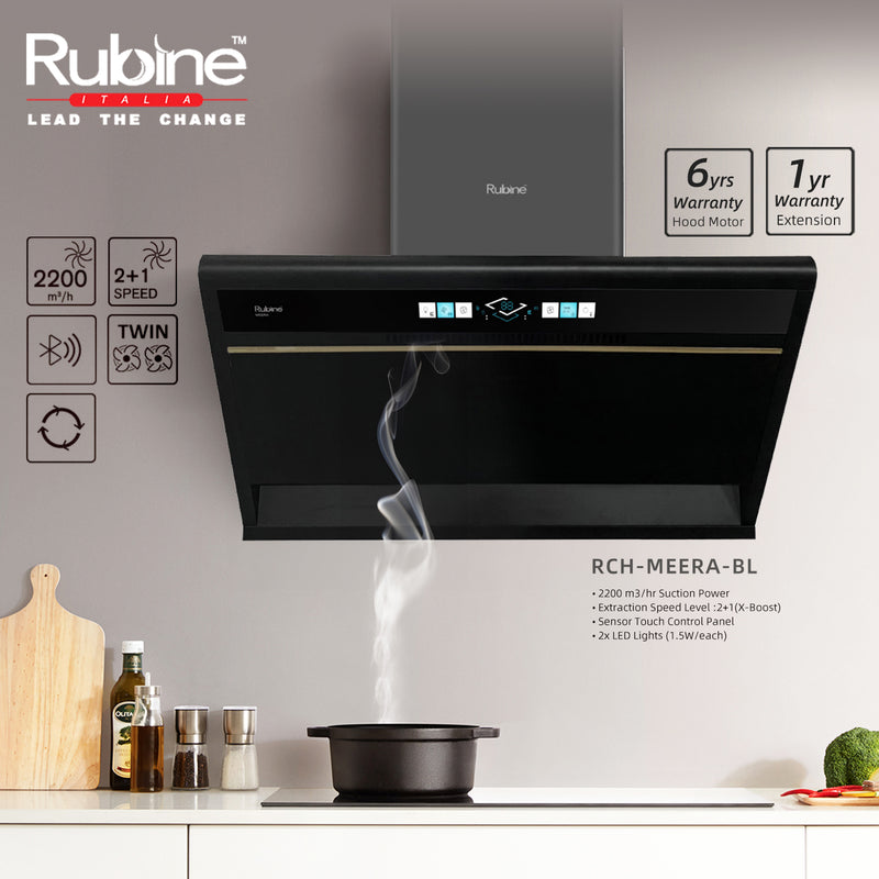 (FREE Shipping) Rubine Slanted Hood 2200 m³/hr Stainless Steel - RCH-MEERA-BL + 5.0Kw Stainless Steel Surface Built-in Hob - RGH-ENYA2B-SS