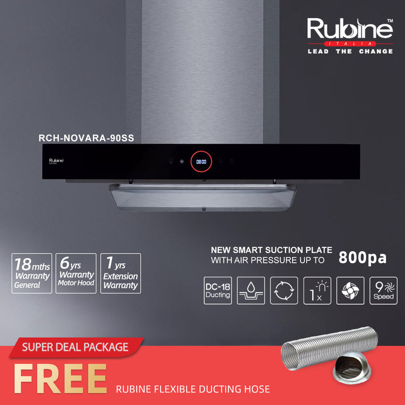 Rubine Chimney Hood Essential Series 1500 m³/hr with O-Touch Panel - RCH-NOVARA-90SS + FREE Ducting Hose DC17