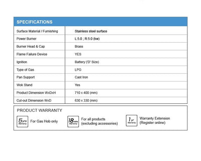 (FREE Shipping) Rubine Slanted Hood 2200 m³/hr Stainless Steel - RCH-MEERA-BL + 5.0Kw Stainless Steel Surface Built-in Hob - RGH-ENYA2B-SS